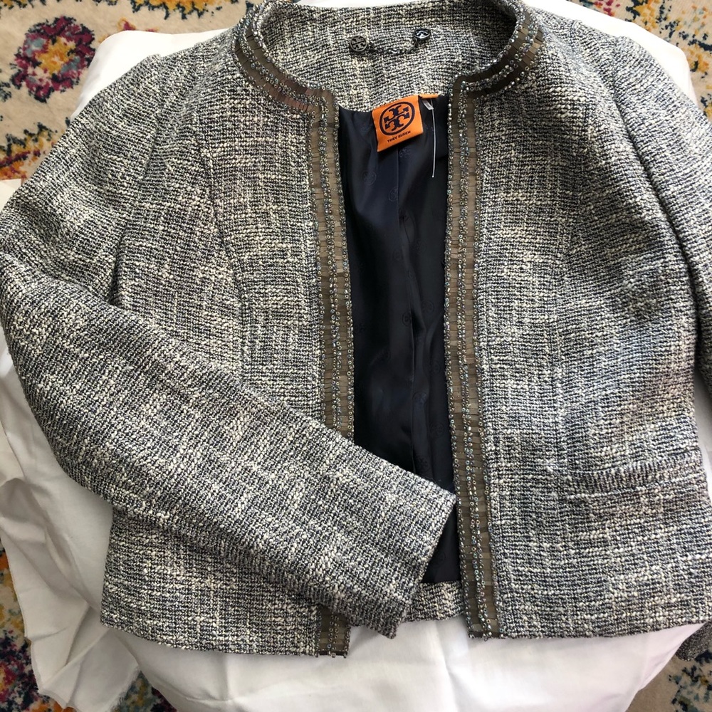 Tory Burch Gray Ivory beaded trim blazer size 0